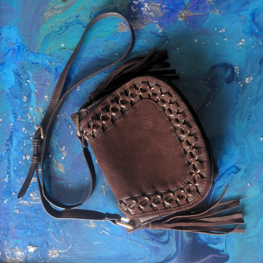 Mango Brown Suede Braided Trim Fringe Shoulder Bag